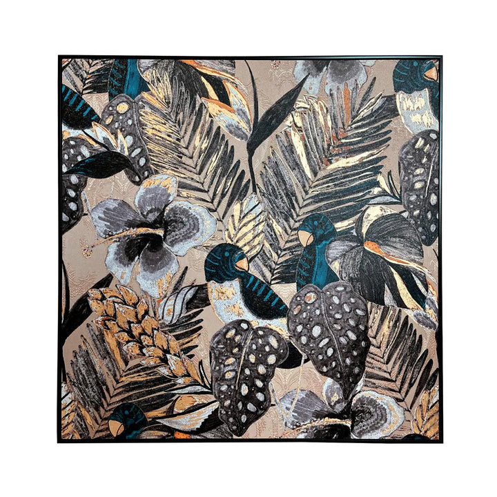 Decorative fabric with tropical leaf and flower pattern on a beige background