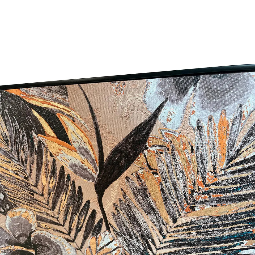 Close-up of a textured surface with abstract patterns in brown, black, and orange.