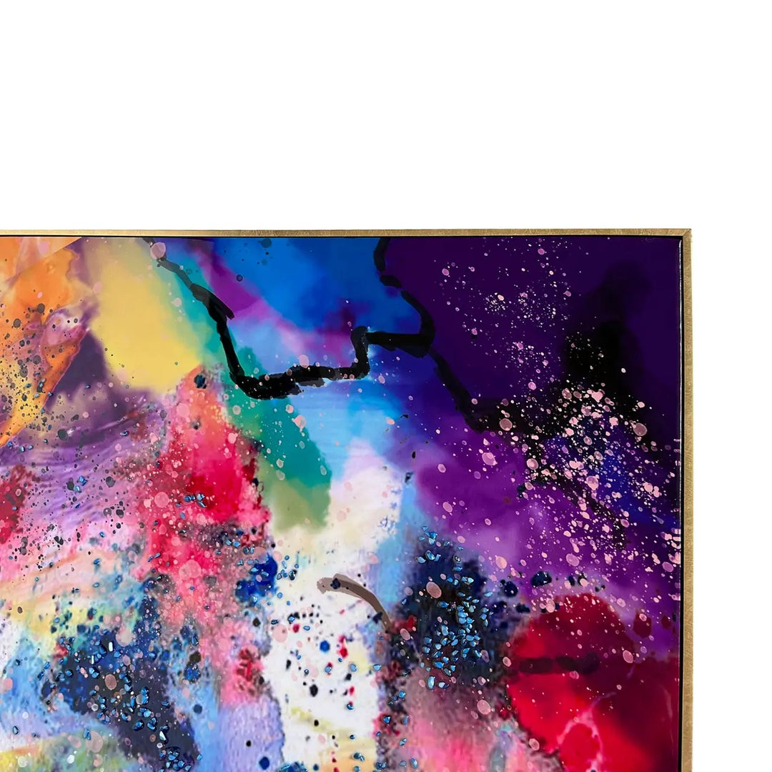 Abstract artwork with splashes of color on a white background