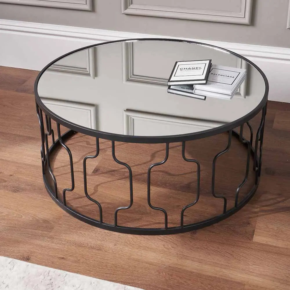 Caprisse Mirrored Glass and Graphite Metal Coffee Table   Nicholas John Interiors
