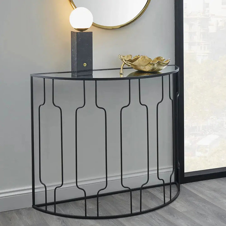 Caprisse Mirrored Glass and Graphite Metal Half Moon Console Table   Nicholas John Interiors