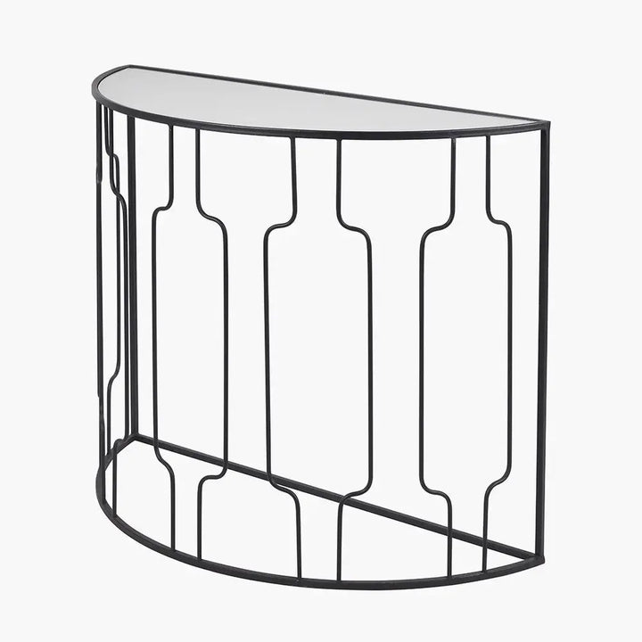 Caprisse Mirrored Glass and Graphite Metal Half Moon Console Table   Nicholas John Interiors