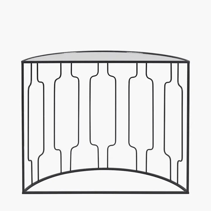 Caprisse Mirrored Glass and Graphite Metal Half Moon Console Table   Nicholas John Interiors