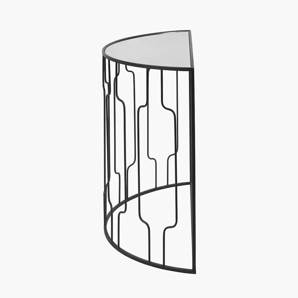 Caprisse Mirrored Glass and Graphite Metal Half Moon Console Table   Nicholas John Interiors