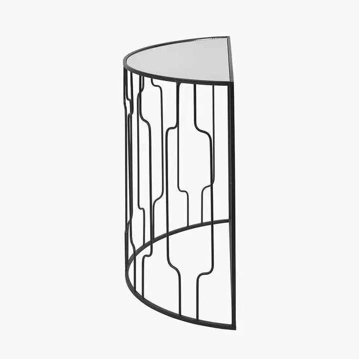 Caprisse Mirrored Glass and Graphite Metal Half Moon Console Table   Nicholas John Interiors
