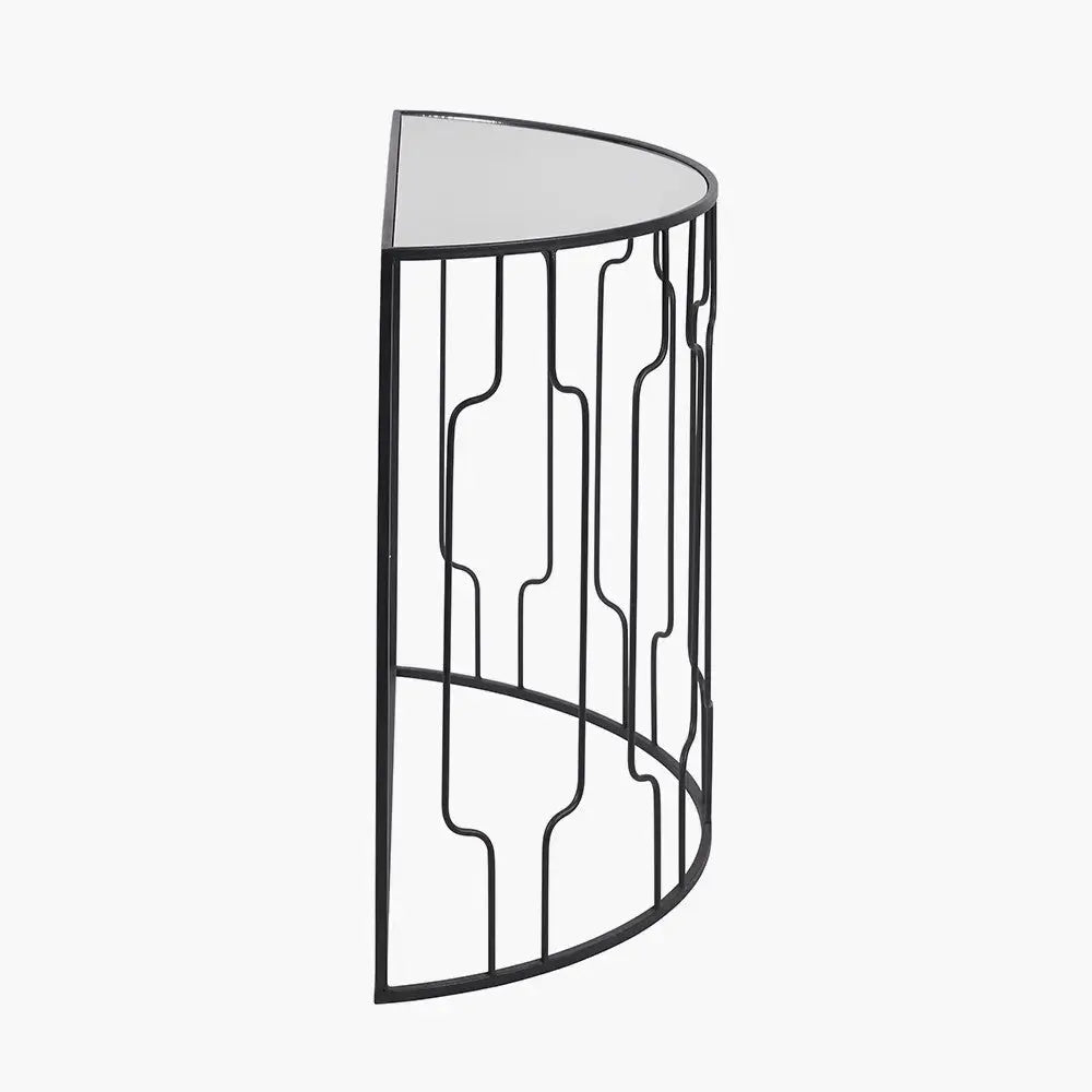 Caprisse Mirrored Glass and Graphite Metal Half Moon Console Table   Nicholas John Interiors