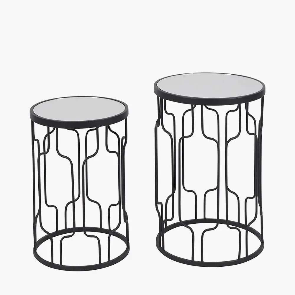 Caprisse S/2 Mirrored Glass and Graphite Metal Side Tables   Nicholas John Interiors