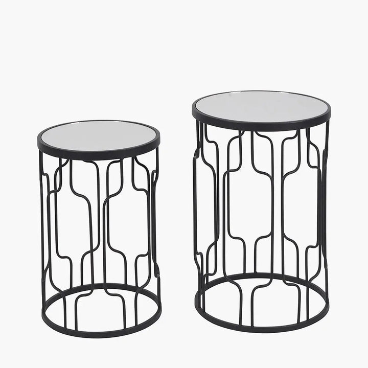 Caprisse S/2 Mirrored Glass and Graphite Metal Side Tables   Nicholas John Interiors