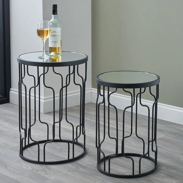 Caprisse S/2 Mirrored Glass and Graphite Metal Side Tables   Nicholas John Interiors