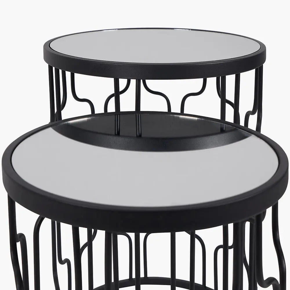 Caprisse S/2 Mirrored Glass and Graphite Metal Side Tables   Nicholas John Interiors