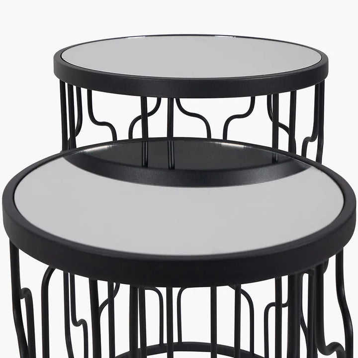 Caprisse S/2 Mirrored Glass and Graphite Metal Side Tables   Nicholas John Interiors