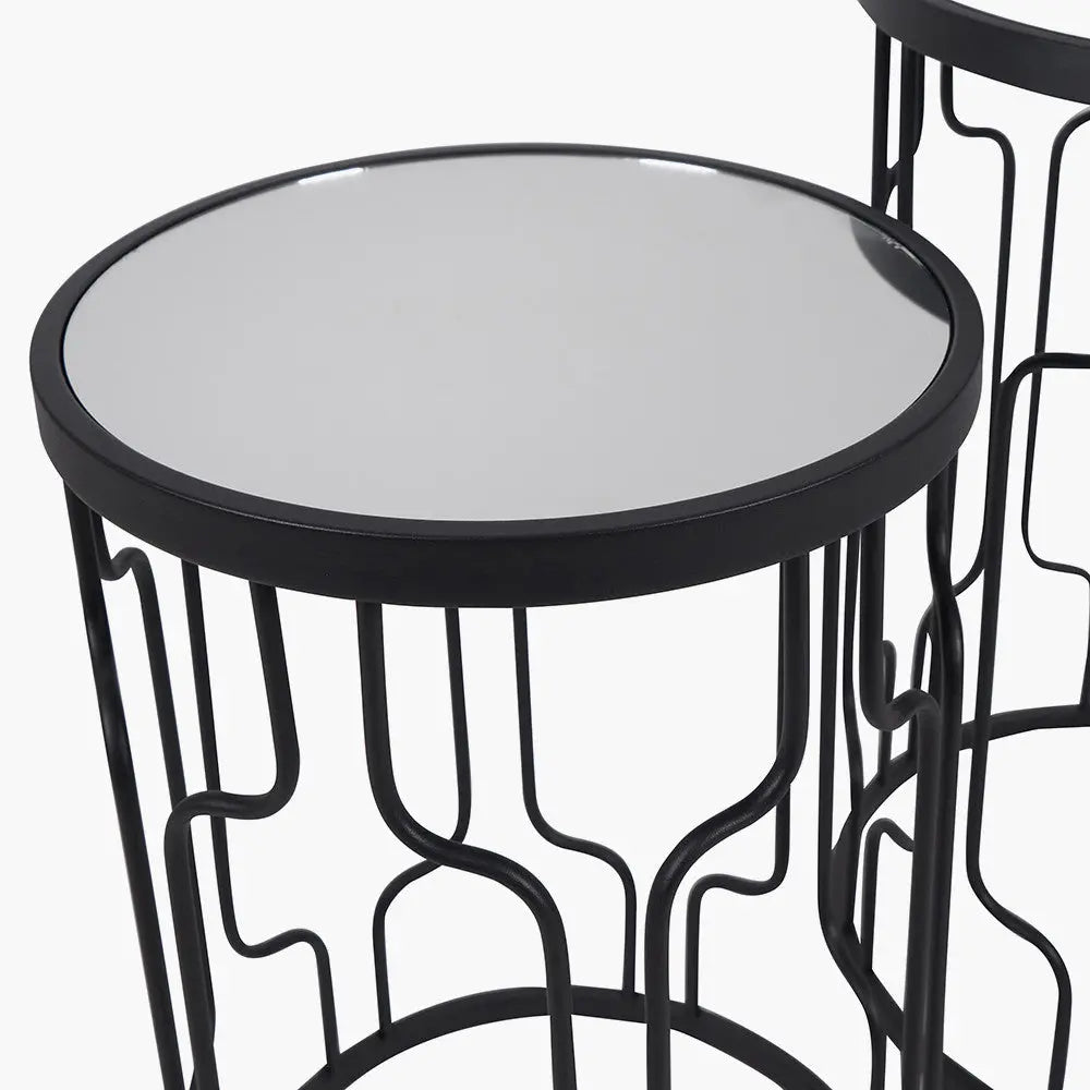 Caprisse S/2 Mirrored Glass and Graphite Metal Side Tables   Nicholas John Interiors