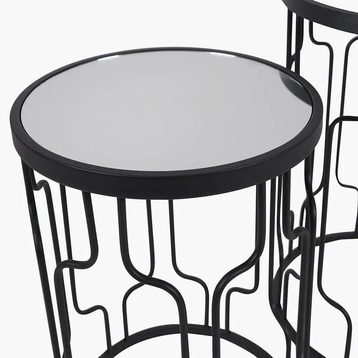 Caprisse S/2 Mirrored Glass and Graphite Metal Side Tables   Nicholas John Interiors