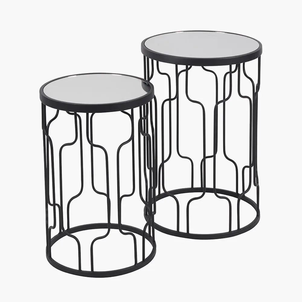 Caprisse S/2 Mirrored Glass and Graphite Metal Side Tables   Nicholas John Interiors