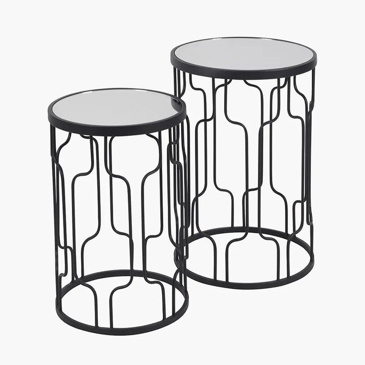 Caprisse S/2 Mirrored Glass and Graphite Metal Side Tables   Nicholas John Interiors