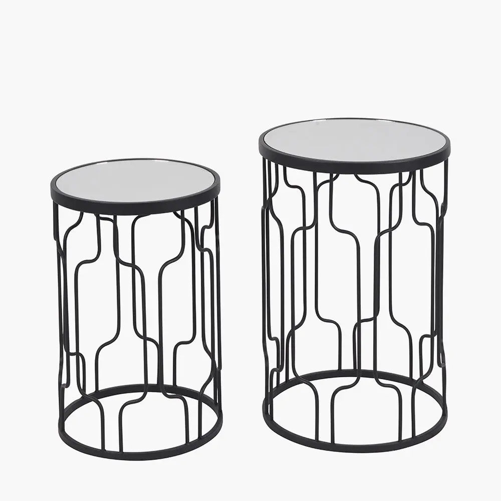 Caprisse S/2 Mirrored Glass and Graphite Metal Side Tables   Nicholas John Interiors