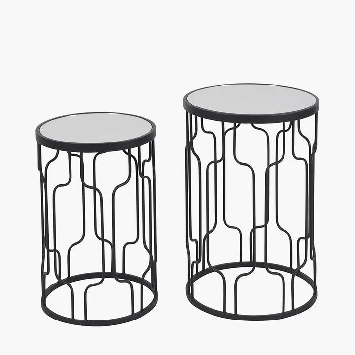 Caprisse S/2 Mirrored Glass and Graphite Metal Side Tables   Nicholas John Interiors