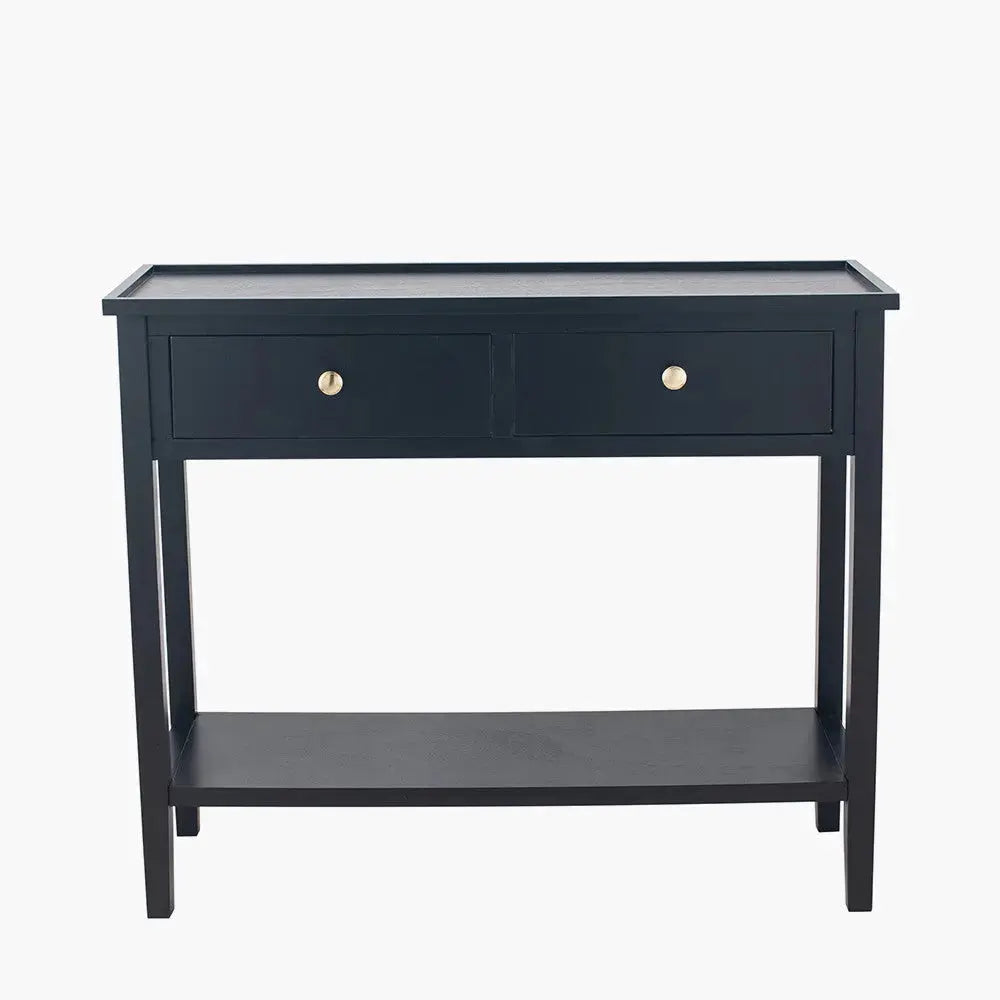 Chelmsford Satin Black Pine Wood 2 Drawer Console Table   Nicholas John Interiors