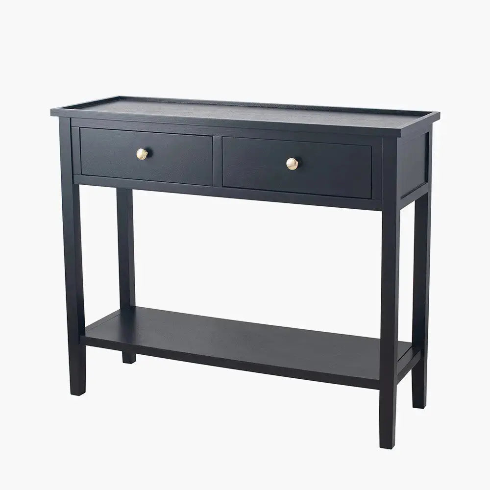 Chelmsford Satin Black Pine Wood 2 Drawer Console Table   Nicholas John Interiors