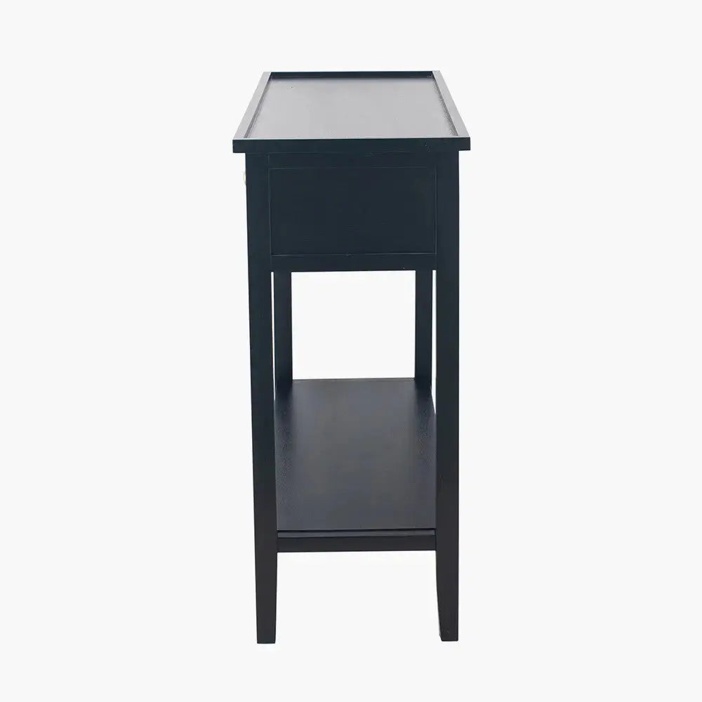 Chelmsford Satin Black Pine Wood 2 Drawer Console Table   Nicholas John Interiors