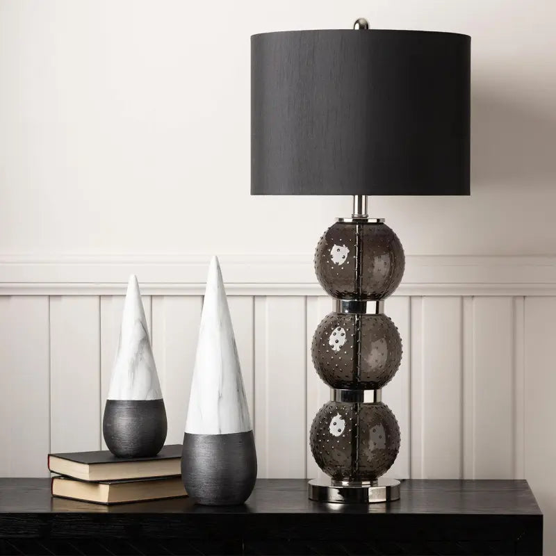 Clear Black Glass Table Lamp with Black Faux Silk Shade Lina Home