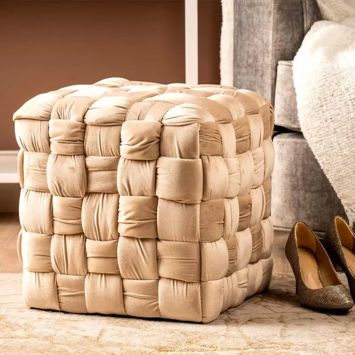 Dark Cream Velvet Woven Ottoman Lina Home