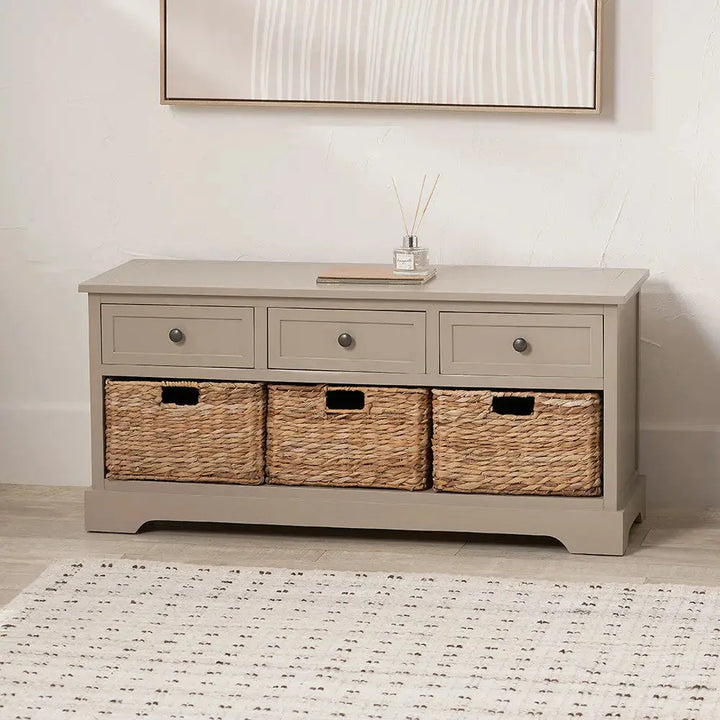 Devonshire Putty Pine Wood 3 Drawer 3 Basket Unit   Nicholas John Interiors