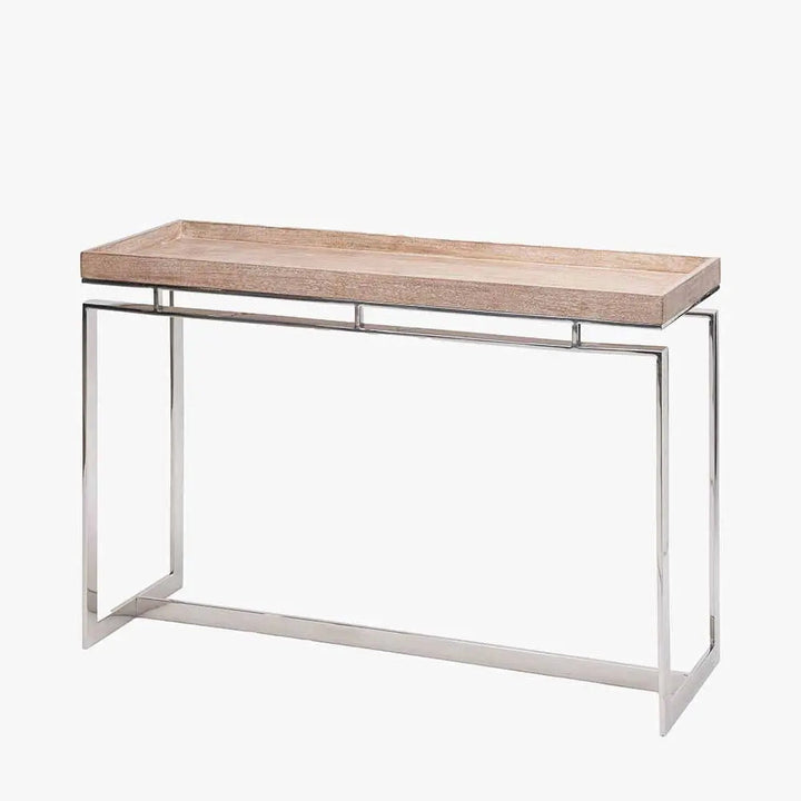 Evelyn Natural Antique Finish Mango Wood and Silver Metal Console Table   Nicholas John Interiors