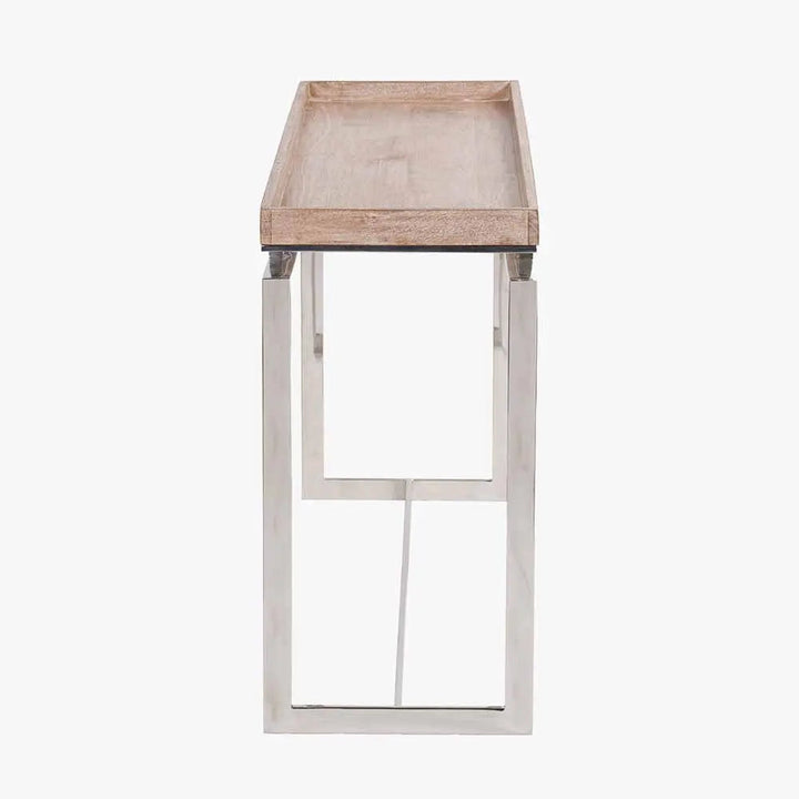 Evelyn Natural Antique Finish Mango Wood and Silver Metal Console Table   Nicholas John Interiors