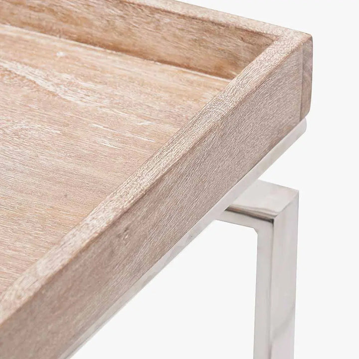 Evelyn Natural Antique Finish Mango Wood and Silver Metal Console Table   Nicholas John Interiors