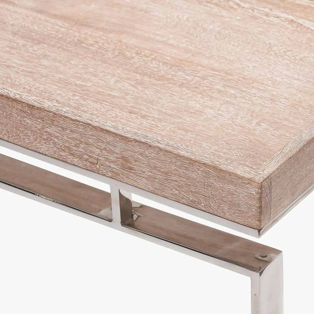 Evelyn Natural Antique Finish Mango Wood and Silver Metal Console Table   Nicholas John Interiors