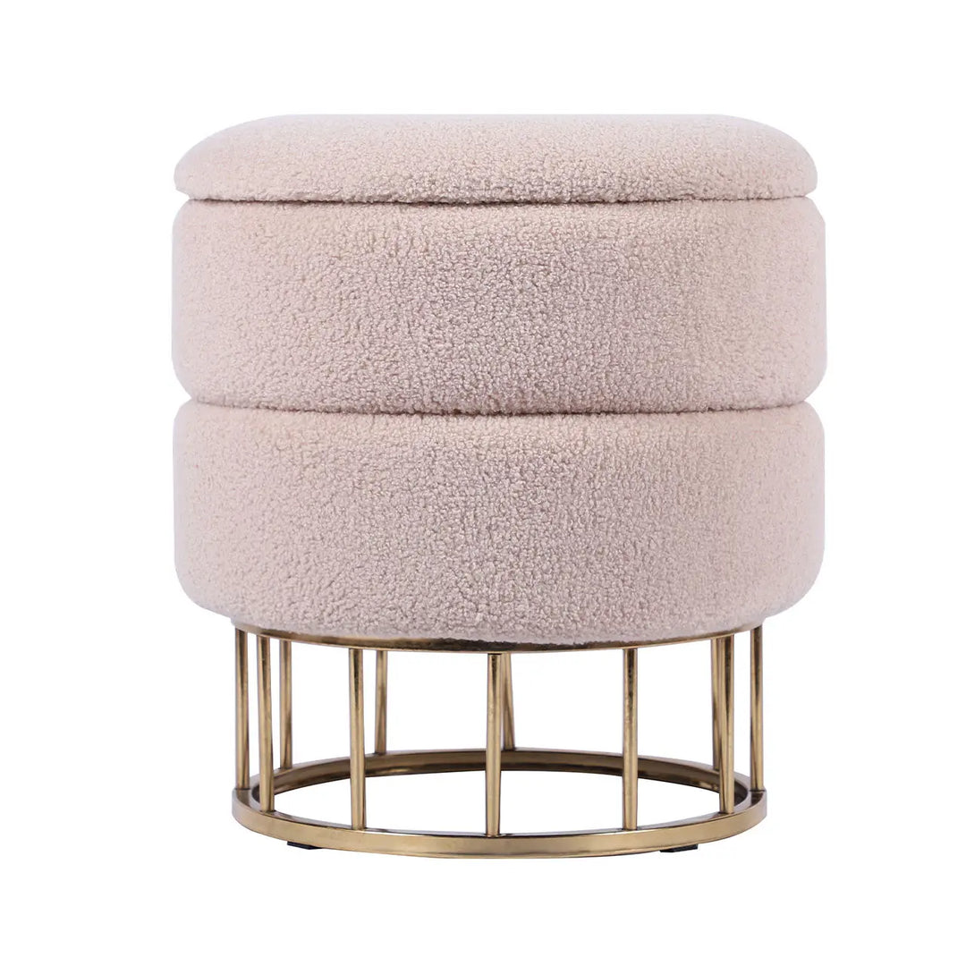 Beige Boucle Round Storage Stool with Gold Legs Lina Home