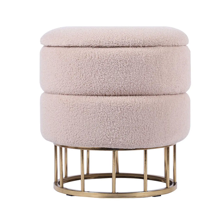 Beige Boucle Round Storage Stool with Gold Legs Lina Home