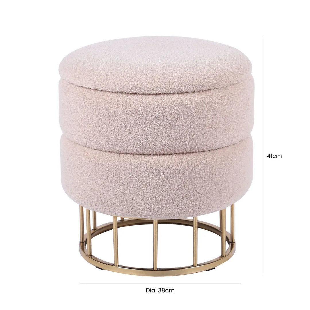 Beige Boucle Round Storage Stool with Gold Legs Lina Home