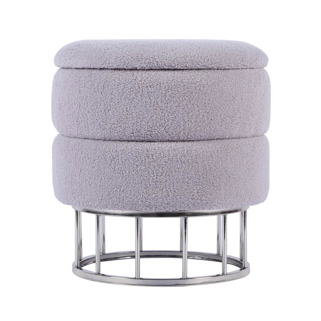 Grey Boucle Round Storage Stool with Chrome Legs Lina Home