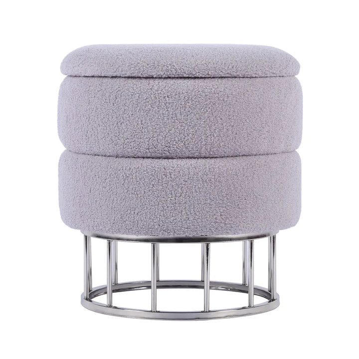 Grey Boucle Round Storage Stool with Chrome Legs Lina Home