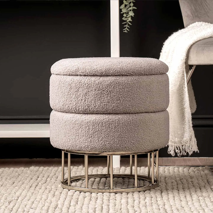 Grey Boucle Round Storage Stool with Chrome Legs Lina Home
