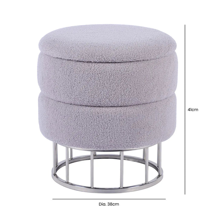 Grey Boucle Round Storage Stool with Chrome Legs Lina Home
