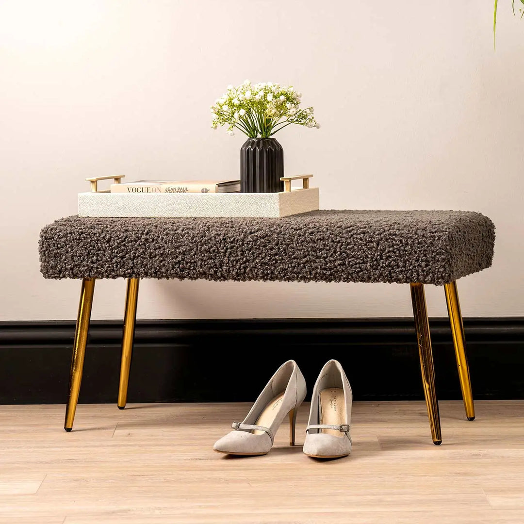 Charcoal Grey Boucle Bench with Gold Legs Lina Home