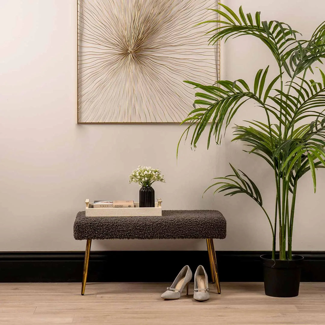Charcoal Grey Boucle Bench with Gold Legs Lina Home