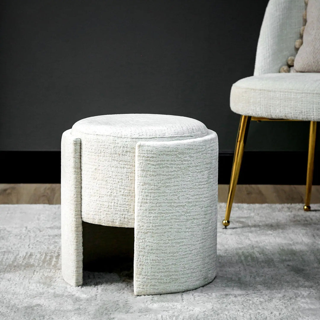 Ivory Chenille Small Round Stool Lina Home