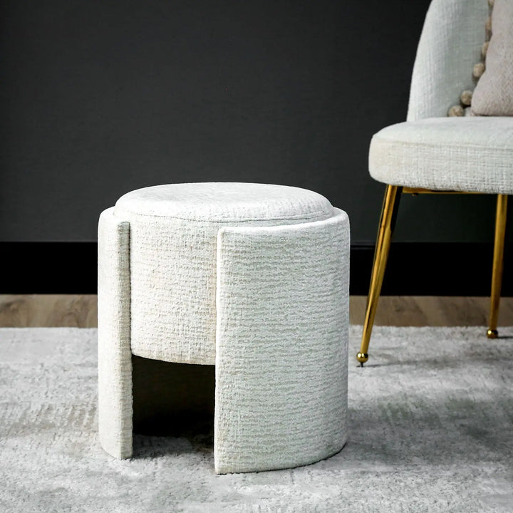 Ivory Chenille Small Round Stool Lina Home