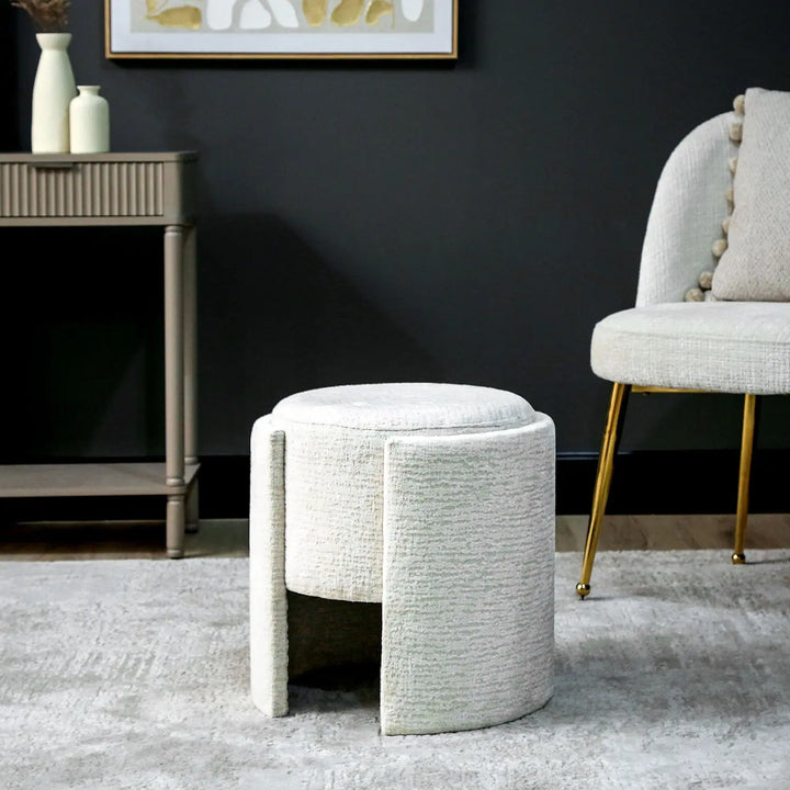 Ivory Chenille Small Round Stool Lina Home
