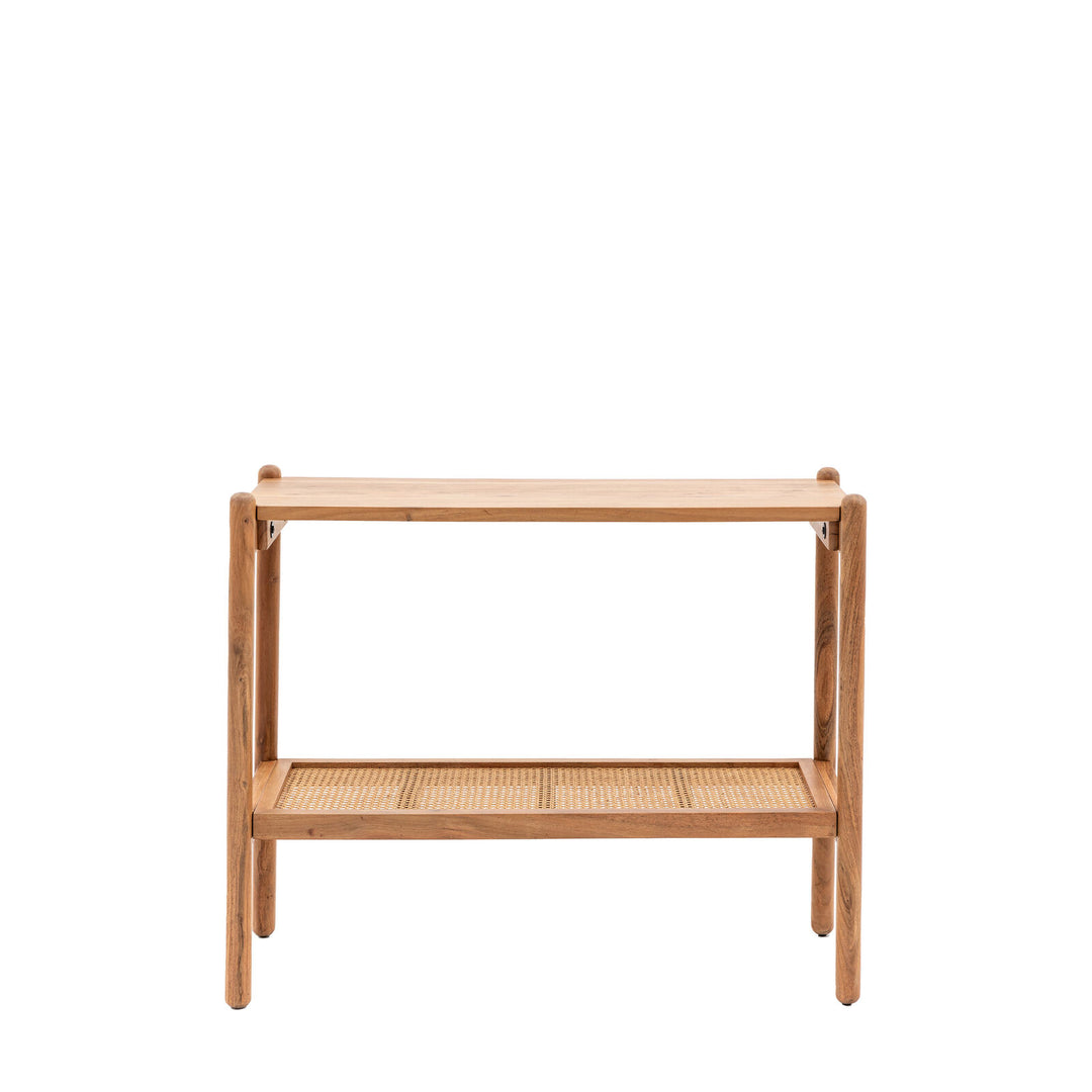 Wooden side table with a shelf on a white background