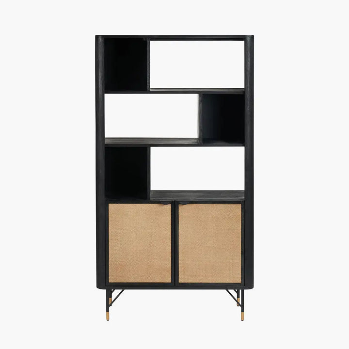 Fiji Black Acacia Wood and Natural Rattan 2 Door 6 Niche Shelf Unit   Nicholas John Interiors