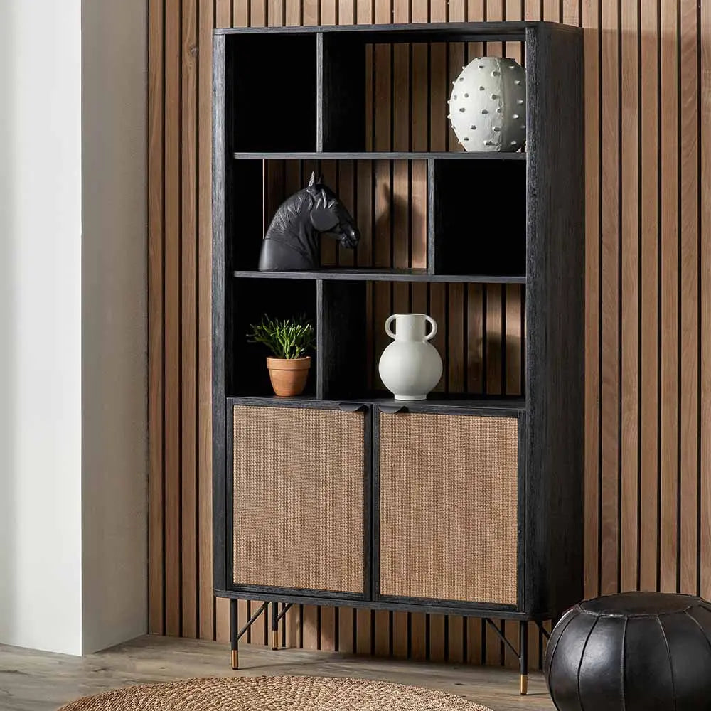 Fiji Black Acacia Wood and Natural Rattan 2 Door 6 Niche Shelf Unit   Nicholas John Interiors