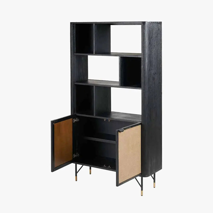 Fiji Black Acacia Wood and Natural Rattan 2 Door 6 Niche Shelf Unit   Nicholas John Interiors