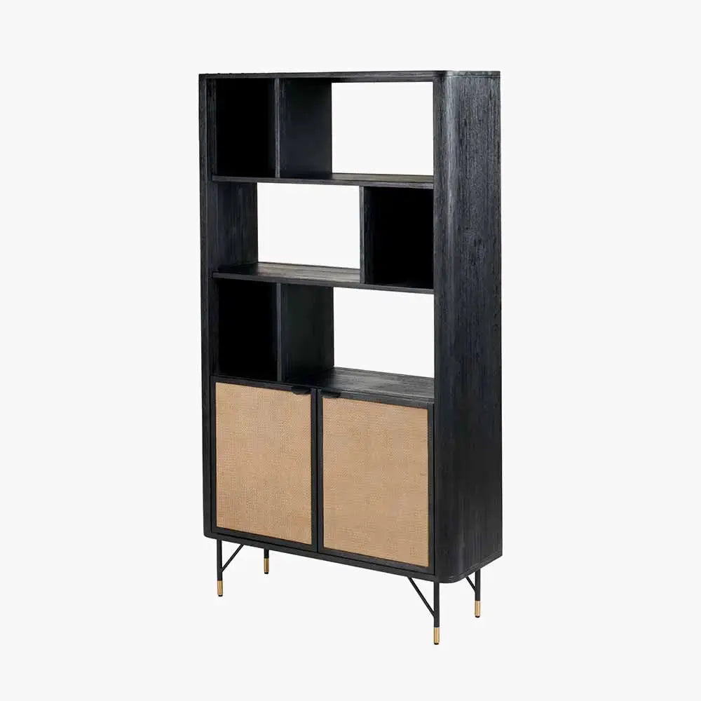 Fiji Black Acacia Wood and Natural Rattan 2 Door 6 Niche Shelf Unit   Nicholas John Interiors