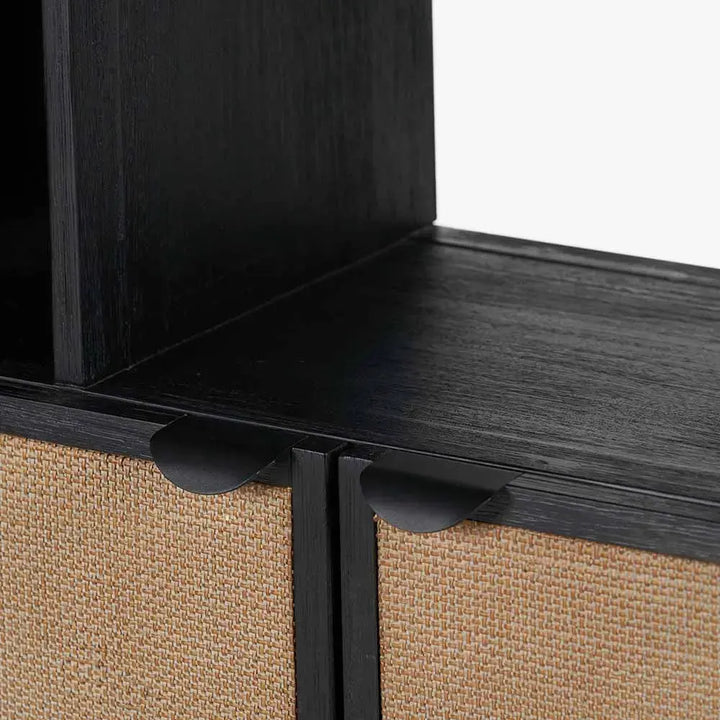 Fiji Black Acacia Wood and Natural Rattan 2 Door 6 Niche Shelf Unit   Nicholas John Interiors