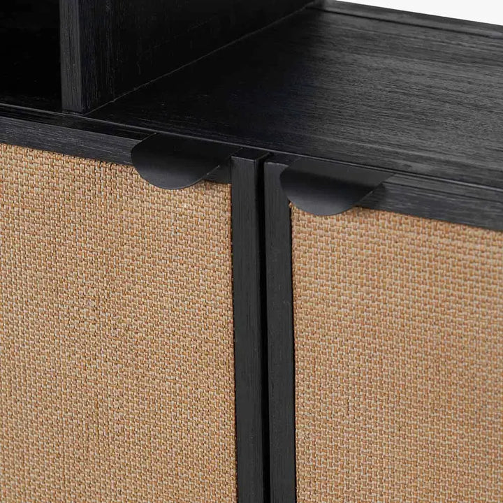 Fiji Black Acacia Wood and Natural Rattan 2 Door 6 Niche Shelf Unit   Nicholas John Interiors